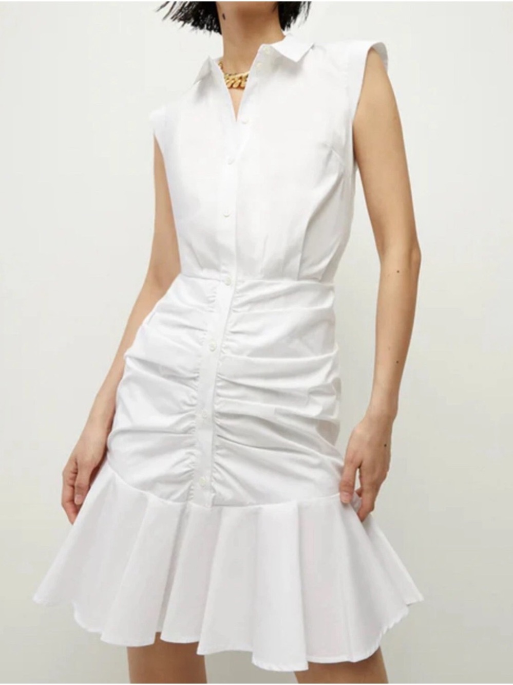 Veronica Beard White Sleeveless Ruched Shirt Mini Dress